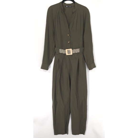 ZARA Jumpsuit MEDIUM Olive Green Utility Button Front V Neck Lyocell 3564/064 - Picture 1 of 12